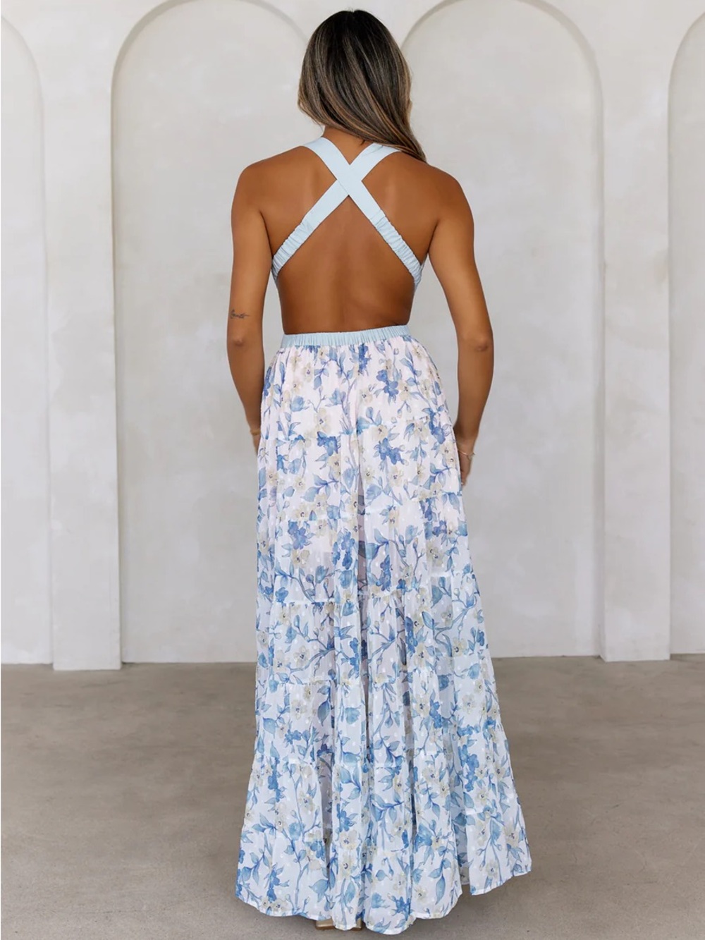 Hello Molly Light Blue Floral Backless Halter Dress - Picture 3 of 3